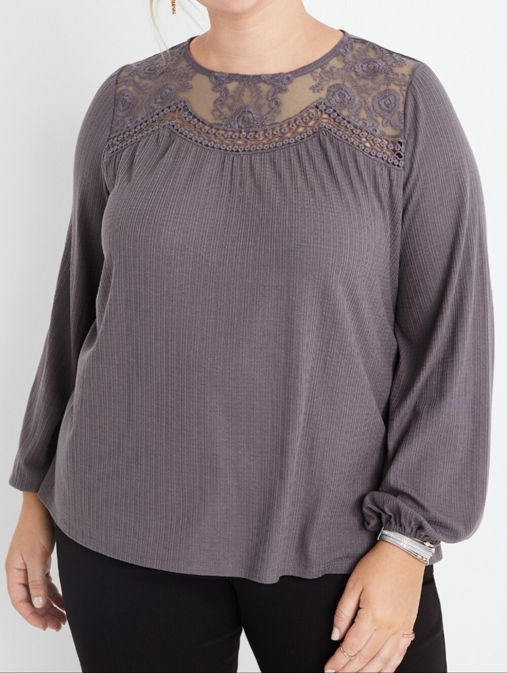 Maurices Mauve-Gray Ribbed Long Sleeve Top with Lace Yoke